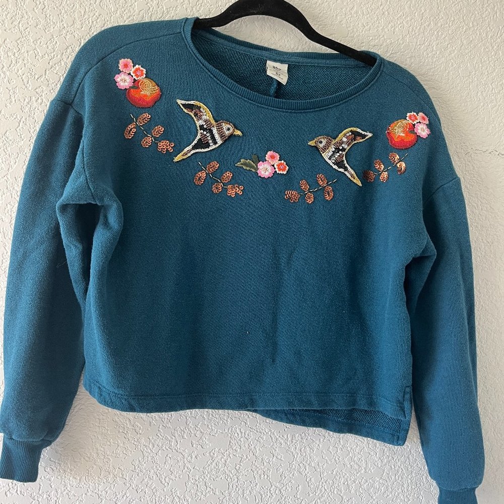 Lauren Conrad Disney Cropped Sweatshirt Sz XS Teal Birds Embroidered